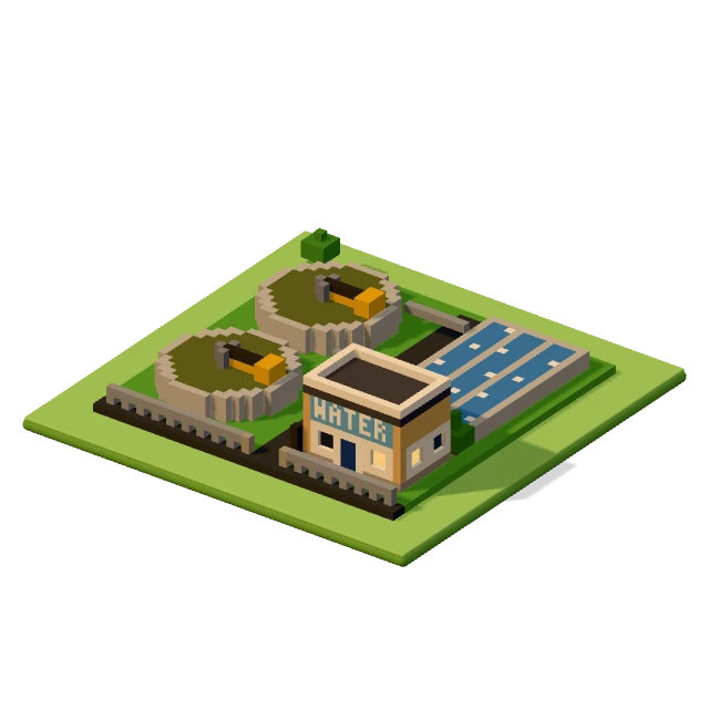 Sewage works: the voxel model from the game, standing on a little tile.
