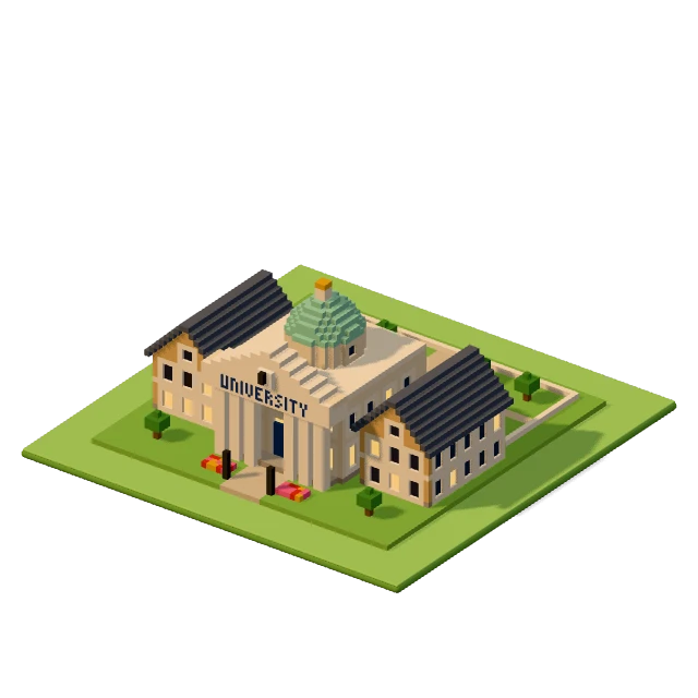 University: the voxel model from the game, standing on a little tile.