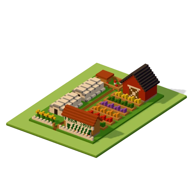 Urban farm: the voxel model from the game, standing on a little tile.