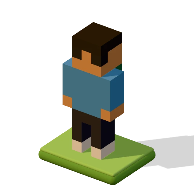 Voxie with a backpack: the voxel model from the game, standing on a little tile.