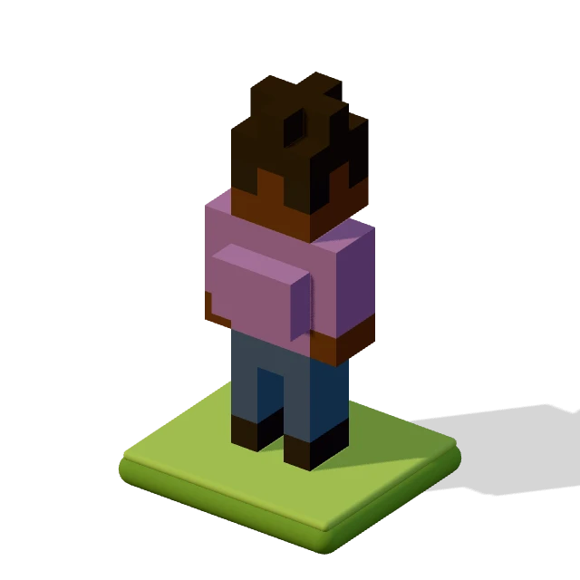 Curly-haired Voxie: the voxel model from the game, standing on a little tile.
