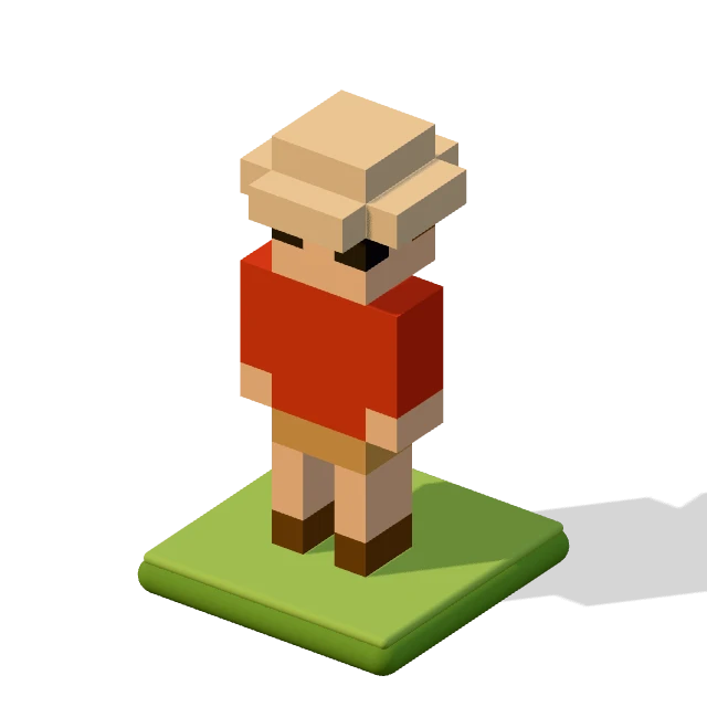 Voxie in a sunhat: the voxel model from the game, standing on a little tile.
