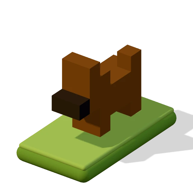 Dog: the voxel model from the game, standing on a little tile.