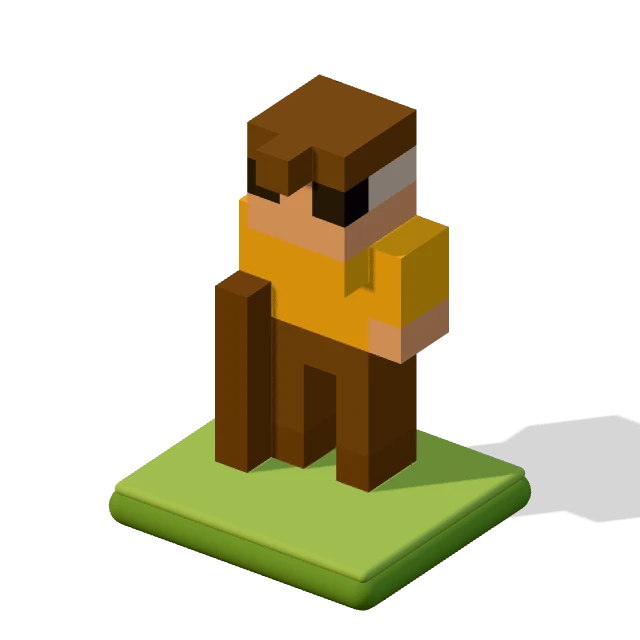 Grandad in a flat cap: the voxel model from the game, standing on a little tile.