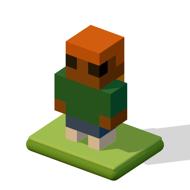 Kid with a backpack: the voxel model from the game, standing on a little tile.