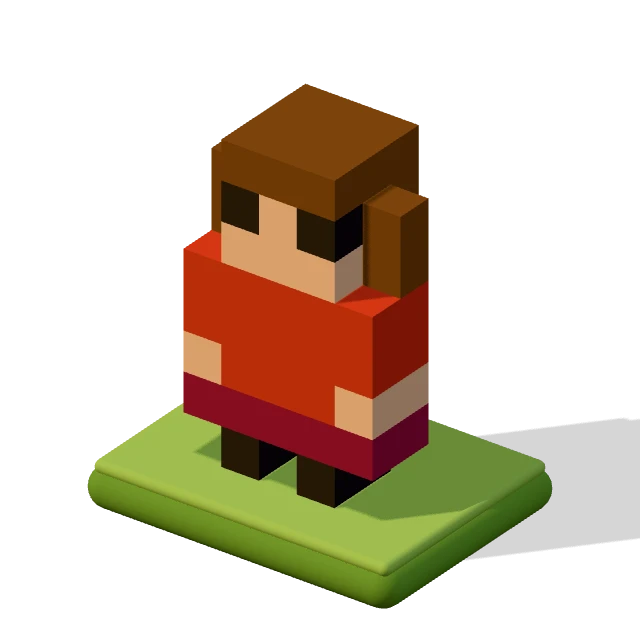 Kid with pigtails: the voxel model from the game, standing on a little tile.
