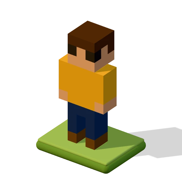 Man with short hair: the voxel model from the game, standing on a little tile.