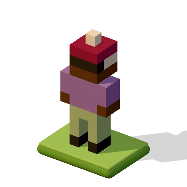 Older Voxie in a bobble hat: the voxel model from the game, standing on a little tile.
