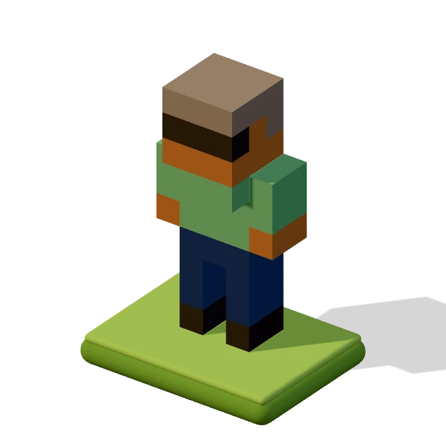 Older Voxie with glasses: the voxel model from the game, standing on a little tile.