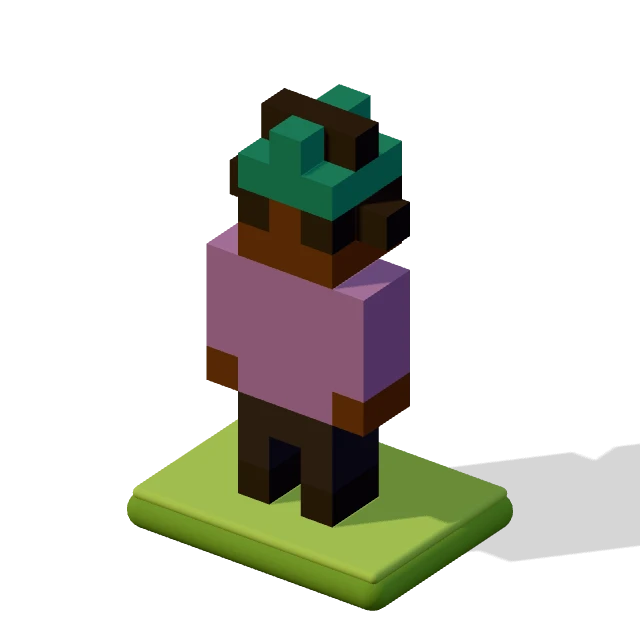 Teen in a beanie: the voxel model from the game, standing on a little tile.