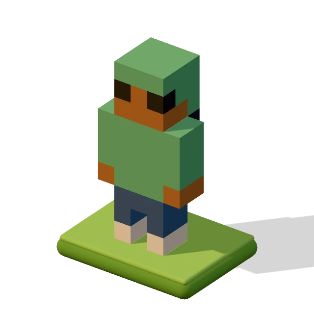 Teen in a hoodie: the voxel model from the game, standing on a little tile.