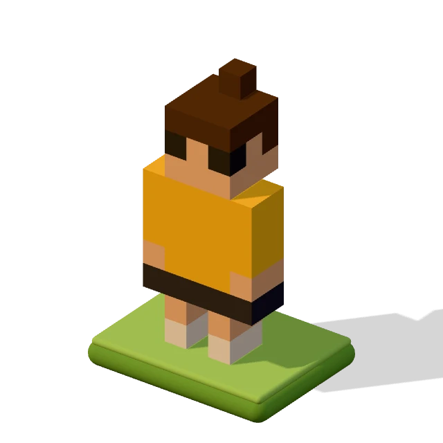Teen with a ponytail: the voxel model from the game, standing on a little tile.