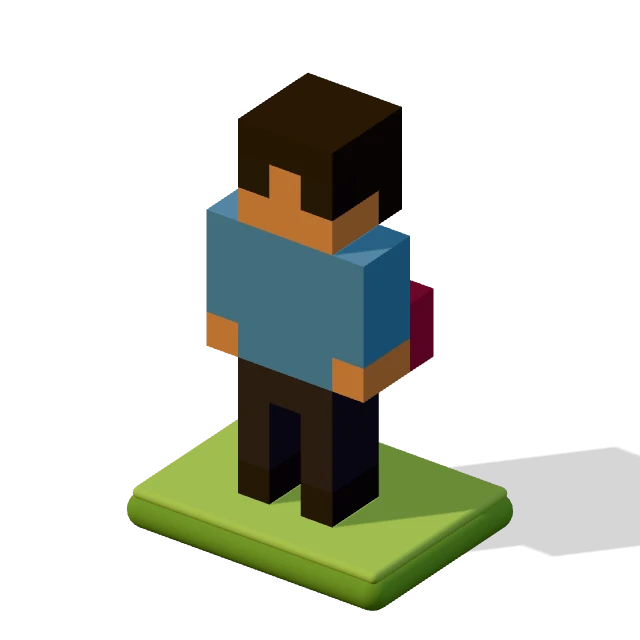 Woman with a bob: the voxel model from the game, standing on a little tile.