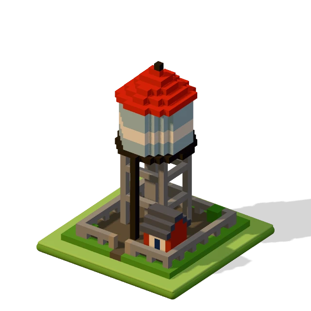 Water tower: the voxel model from the game, standing on a little tile.